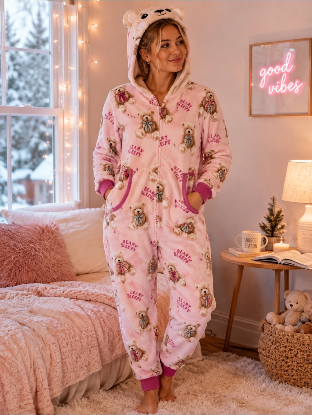 NWT - S (4-6) HOLIDAYS TIME - Pink Teddy Print Hooded Onesie Pajamas « Do not..